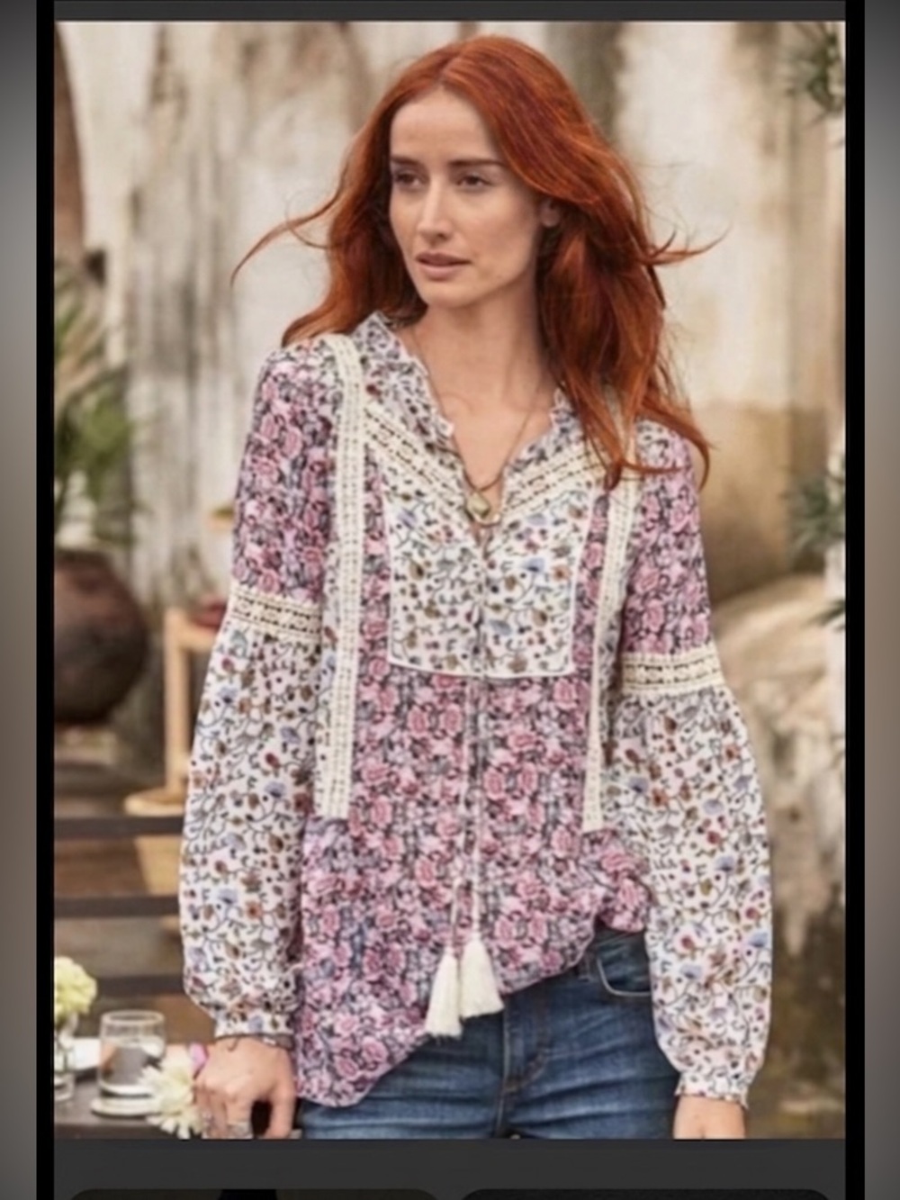 Sundance size M Florie Pink silk Floral Lace-Trim crochet Peasant Blouse
